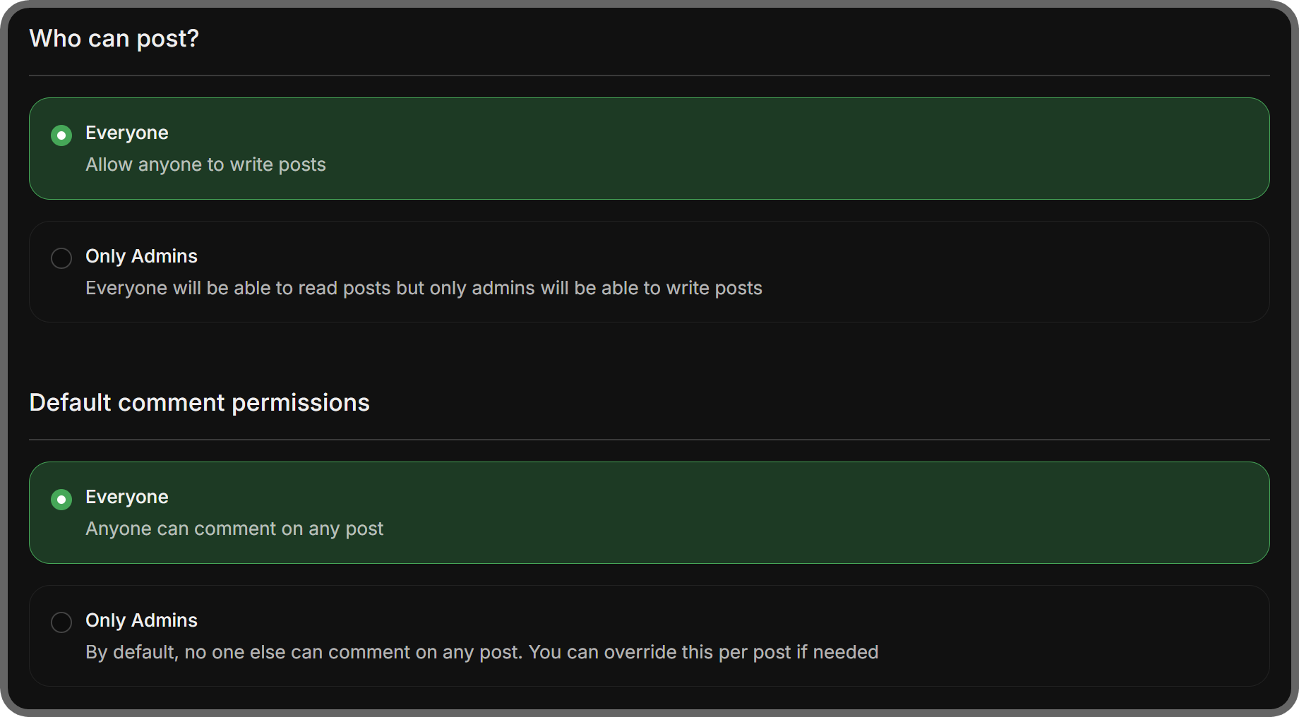 The post and comment permission sections in the Set up tab of the Forums app