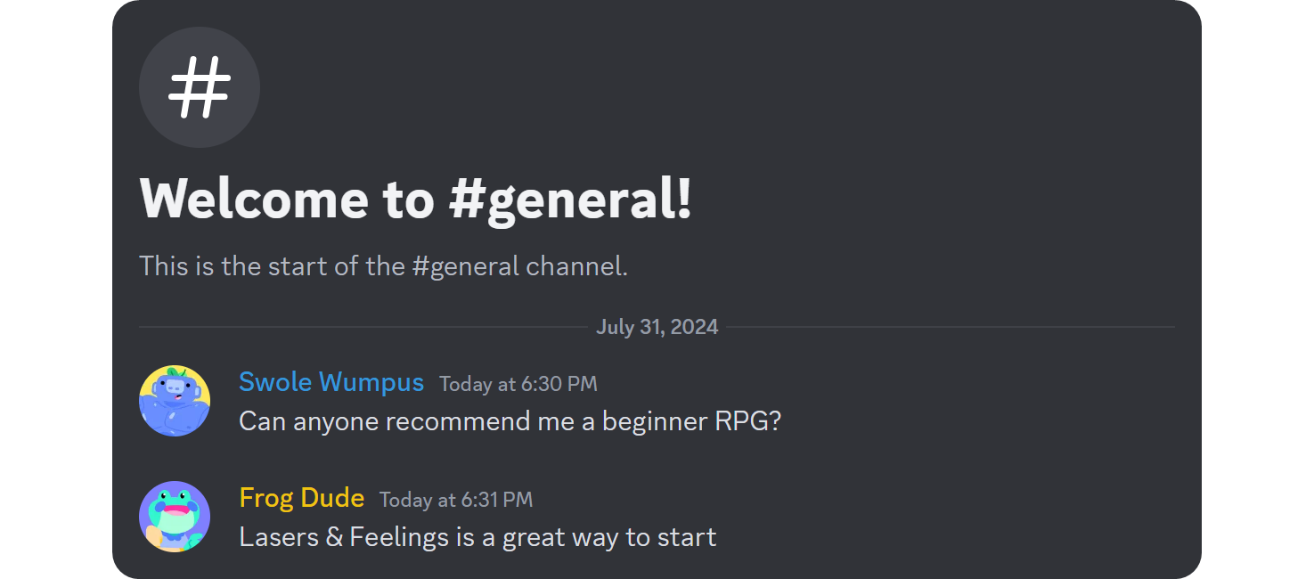 Example of a general channel on Discord