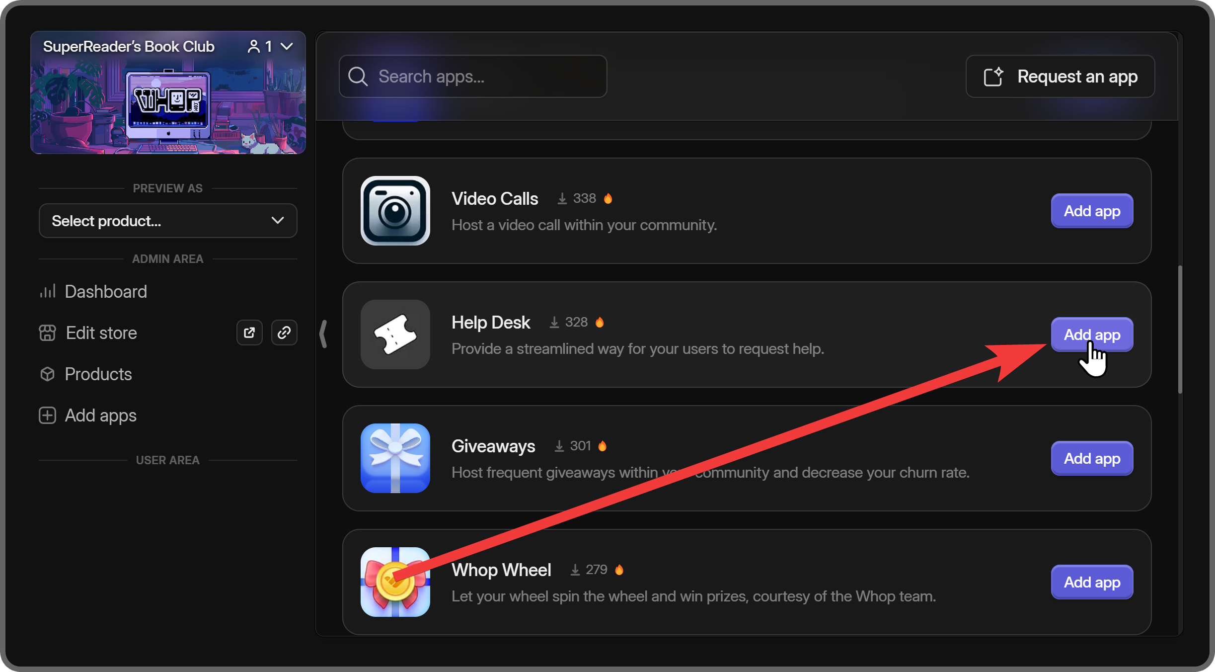 The Add app button of the Help Desk app on whop