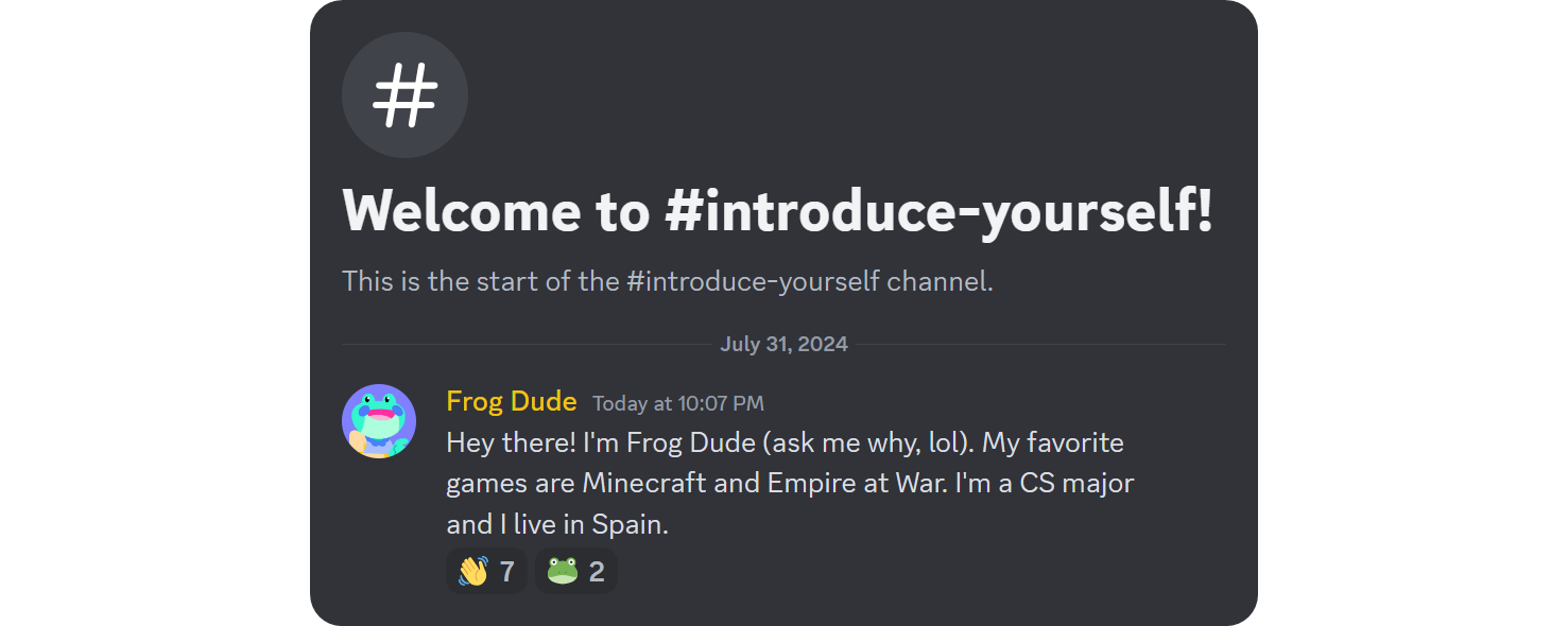 Example of an introduction channel on Discord