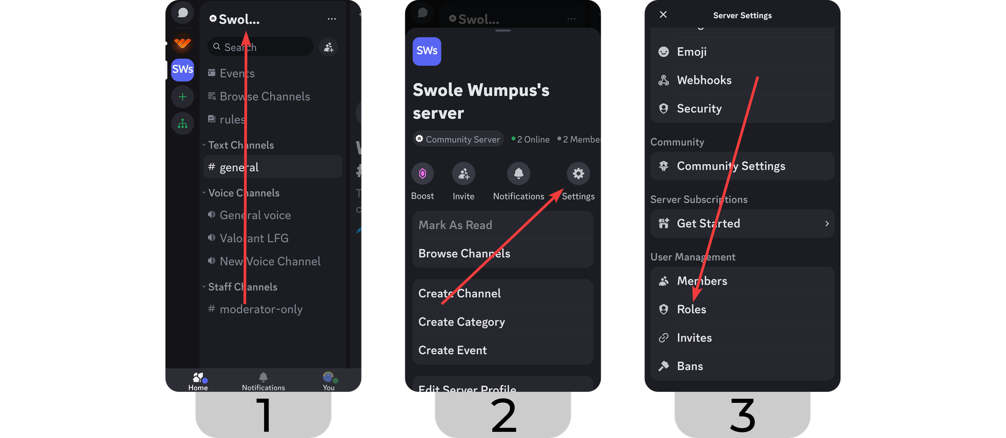 Steps of navigating into the Roles section of a server settings on Discord mobile