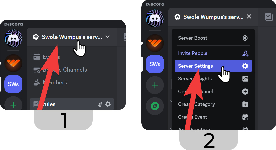 Steps of navigating into the server settings of a Discord server on desktop