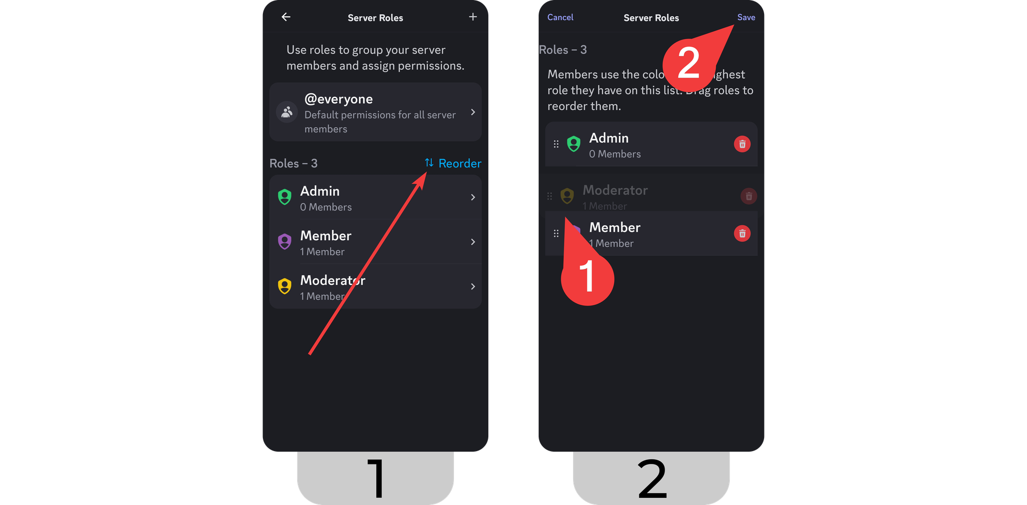 Steps of changing the role hierarchy on Discord mobile