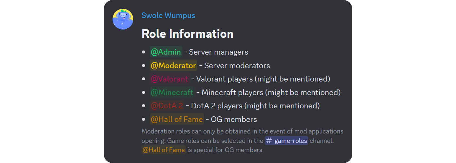 An example rule information message on Discord