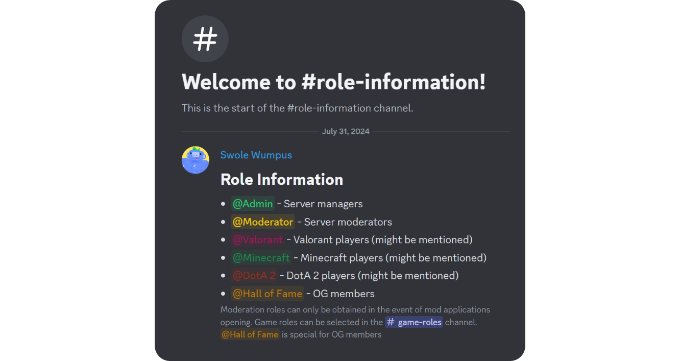 Example of a role information channel on Discord