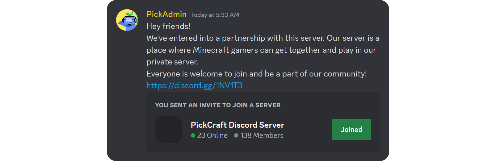 An example server partnership message on Discord