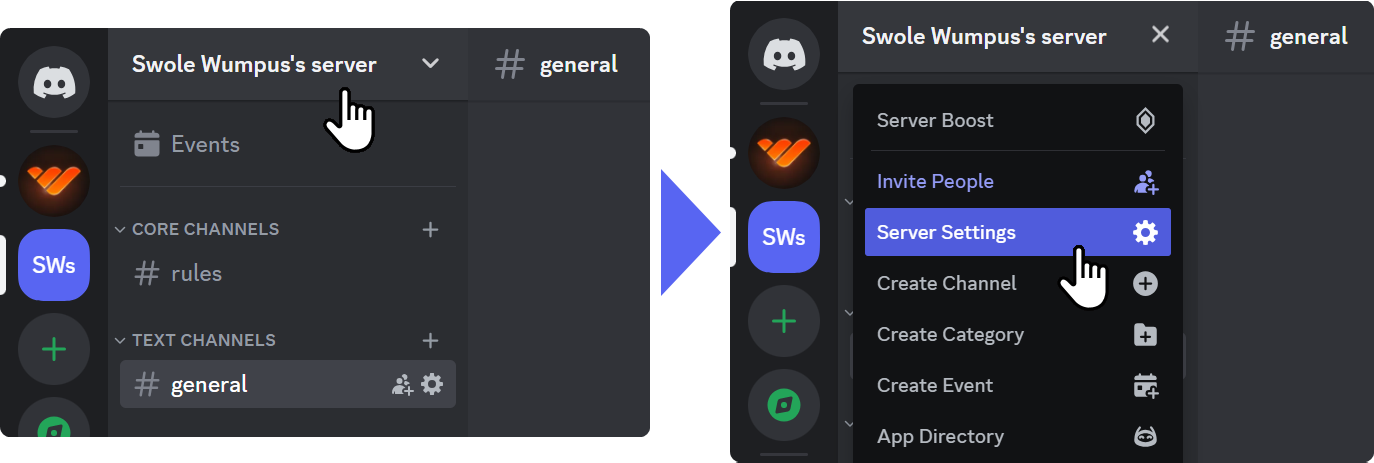 Steps of navigating into a server's settings on Discord