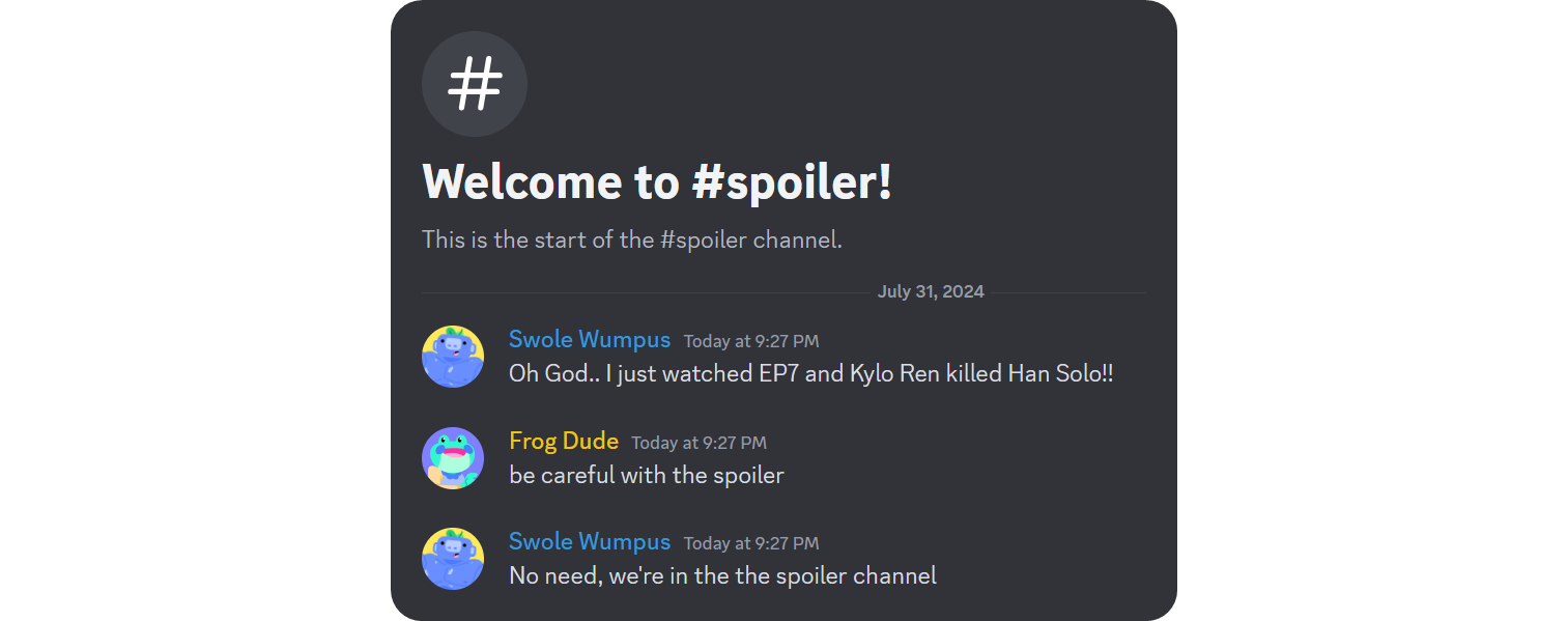 Example of a spoiler channel on Discord