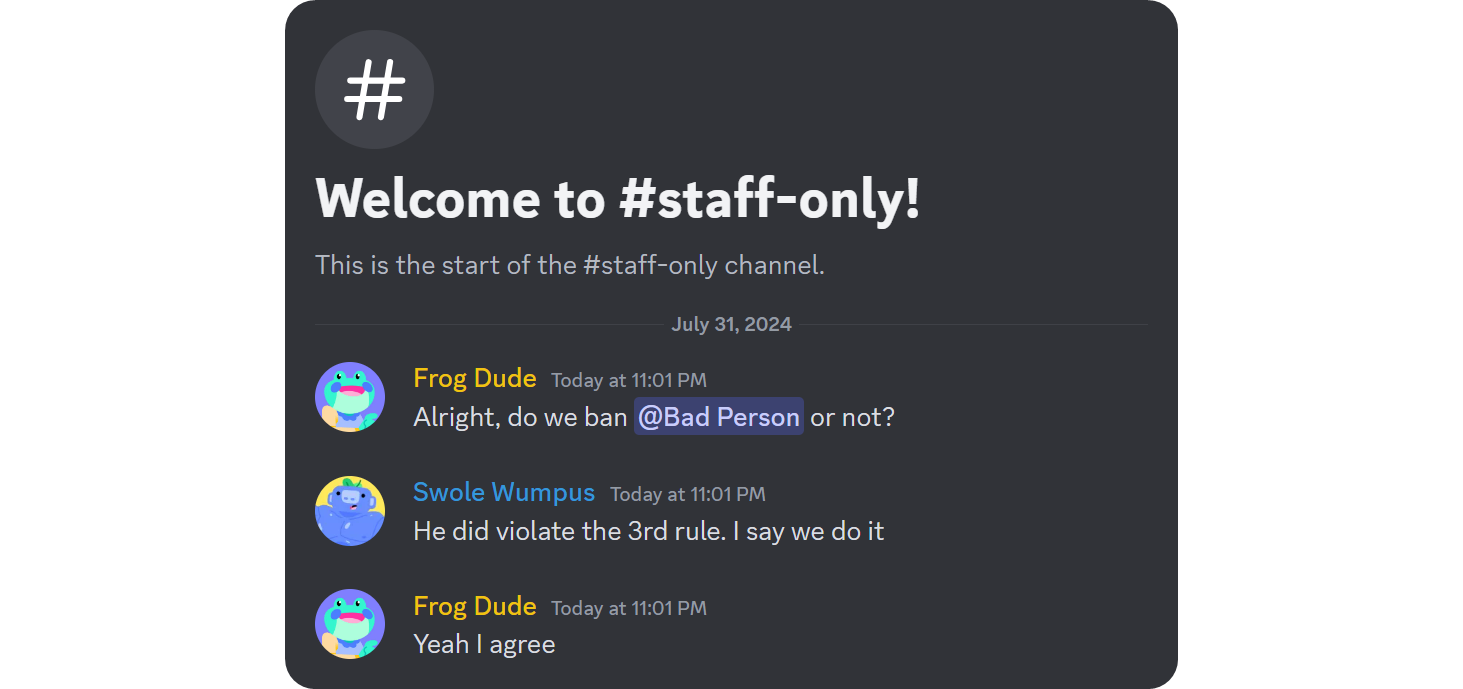 Example of a staff only channel on Discord