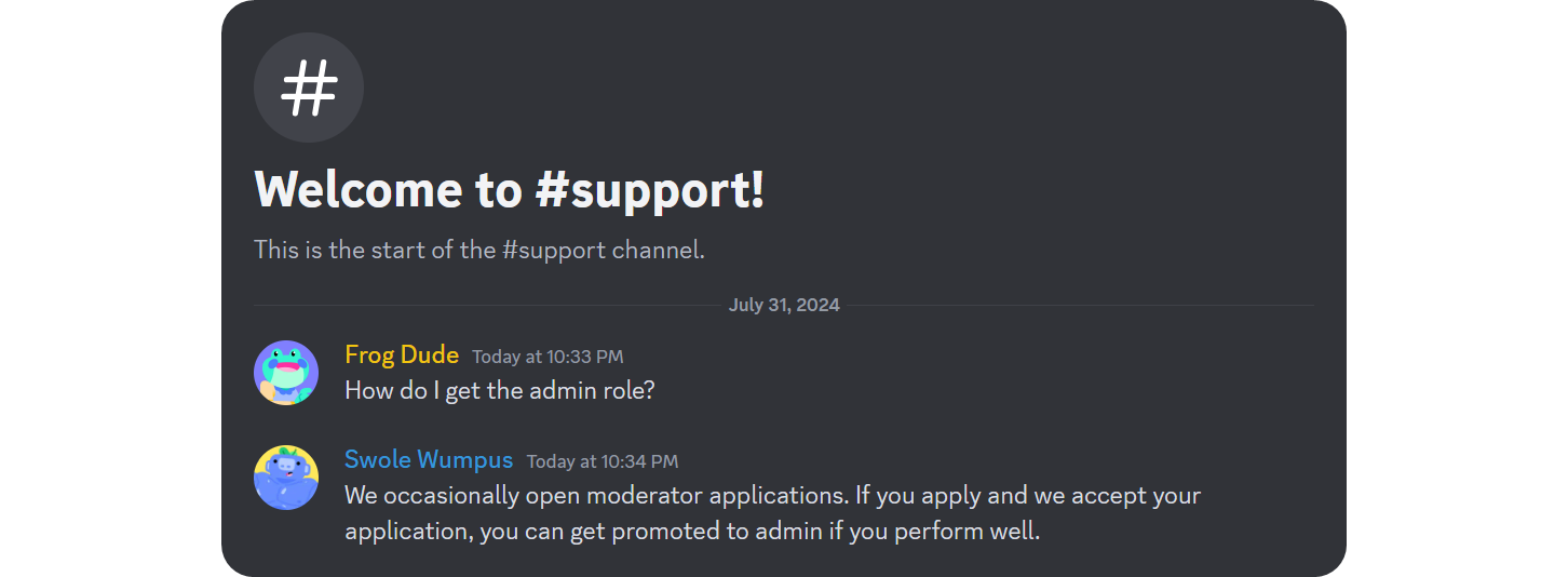 Example of a support channel on Discord