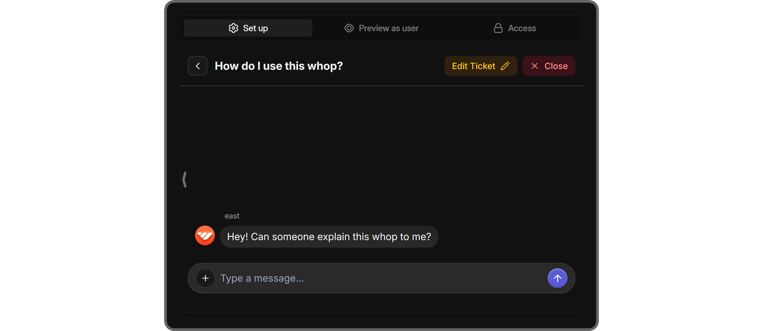 The chat view of a ticket on the Help Desk app on whop