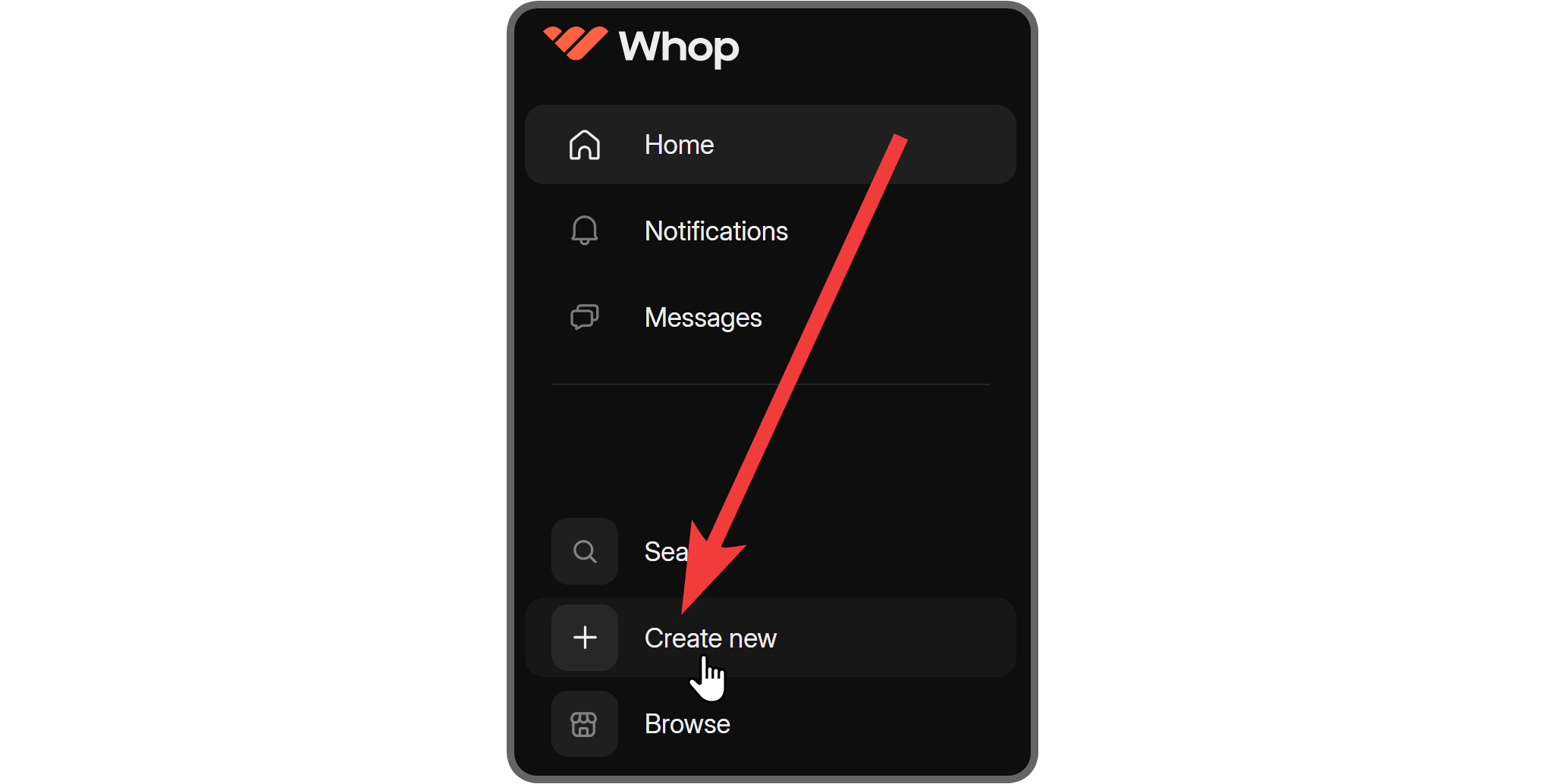 The Create new button on whop