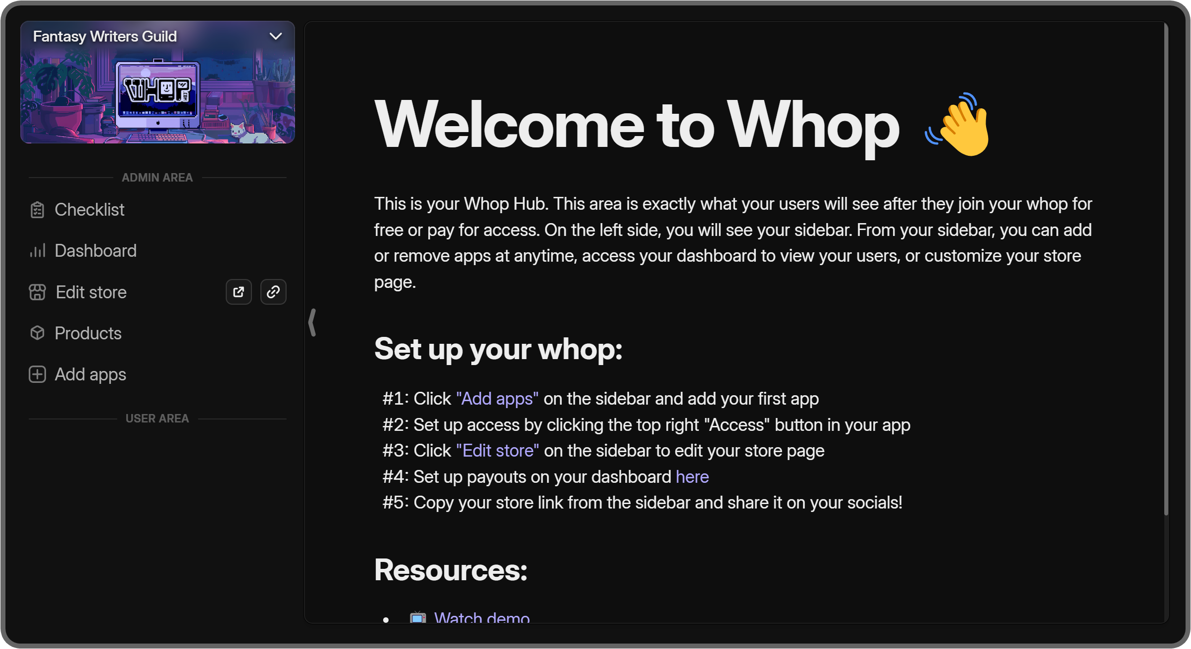 The landing page of a new whop