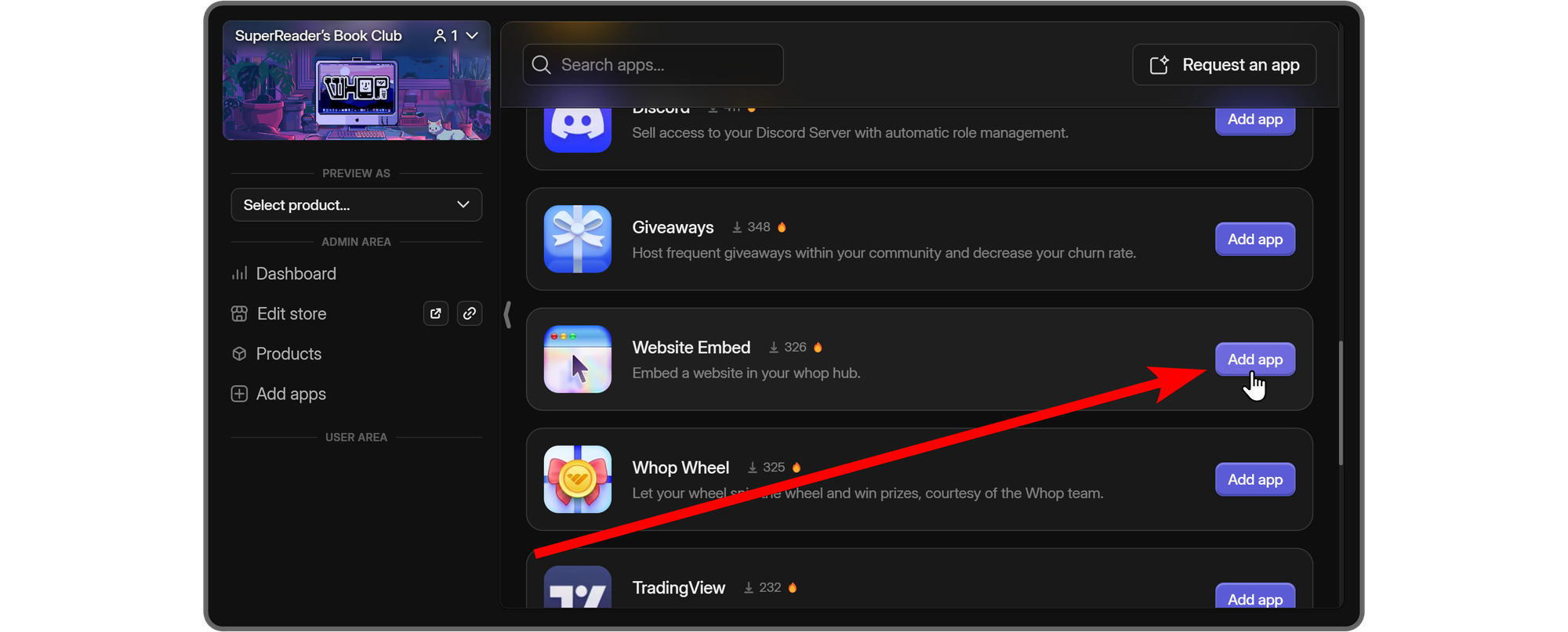The apps list on Whop with highlight to the Website Embed app's Add app button