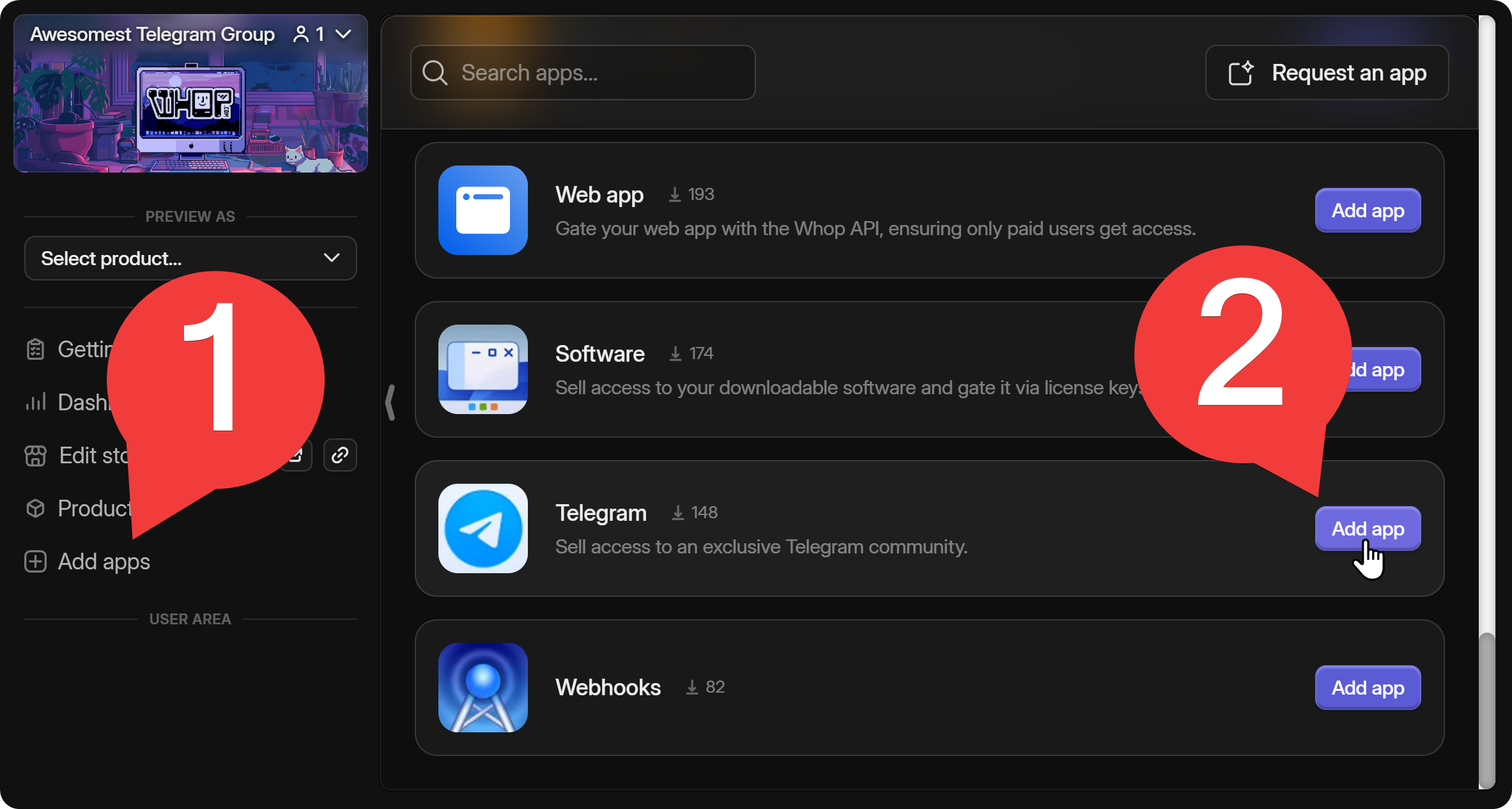 Steps of adding the Telegram app to a whop