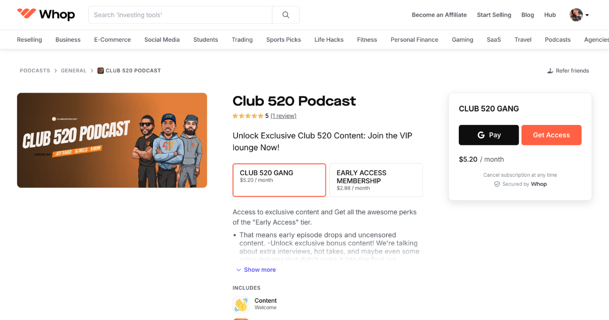 Club 520 Podcast Whop page