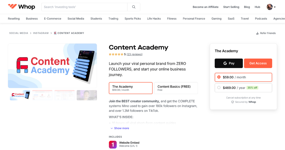 Content Academy Whop page