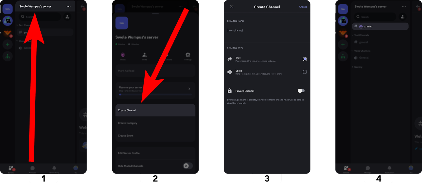 Steps of creating a Discord channel on mobile