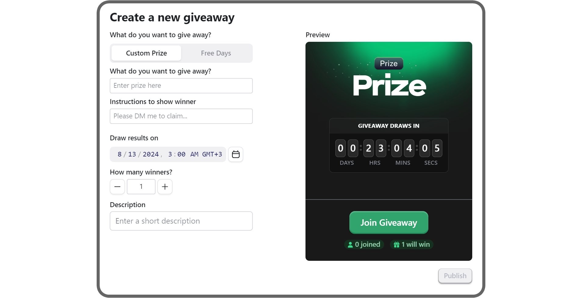 The Custom Prize giveaway creation popup in the Giveaways app on Whop