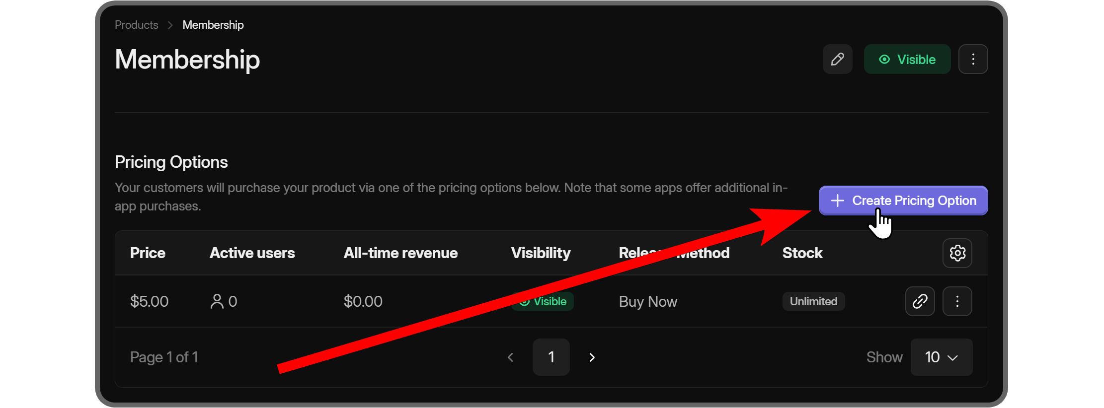 The details of a product with highlight to the Create Pricing Option button on Whop