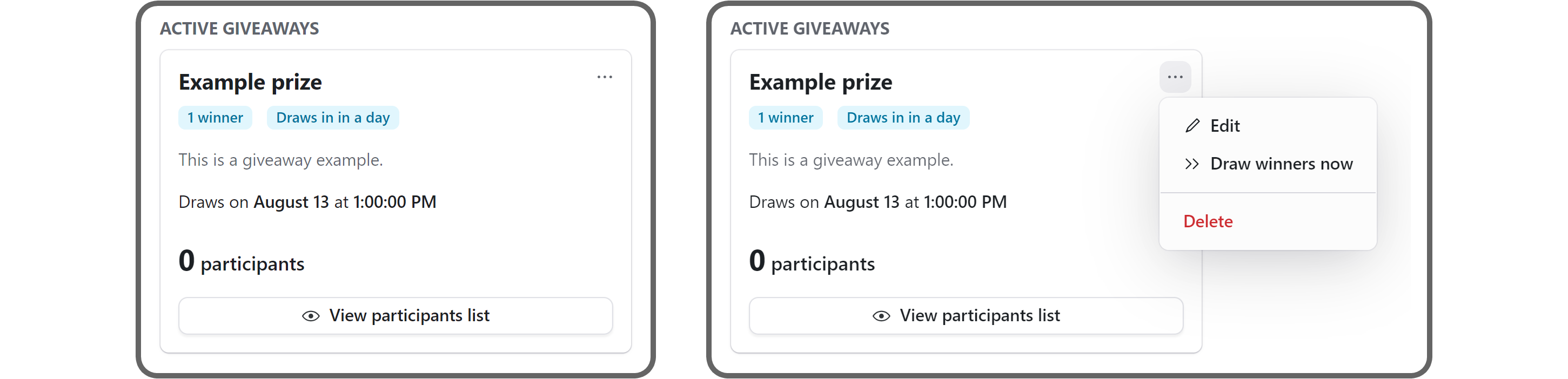 Example view of a created giveaway and its context menu on the Giveaways app on Whop