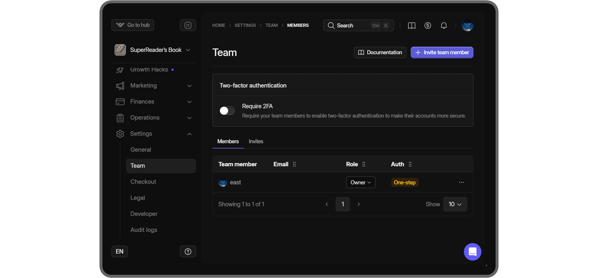 Team settings page of a whop dashboard