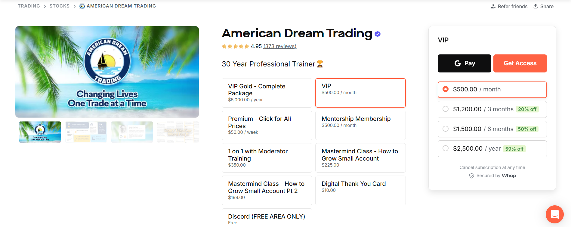 American Dream Trading's page on Whop