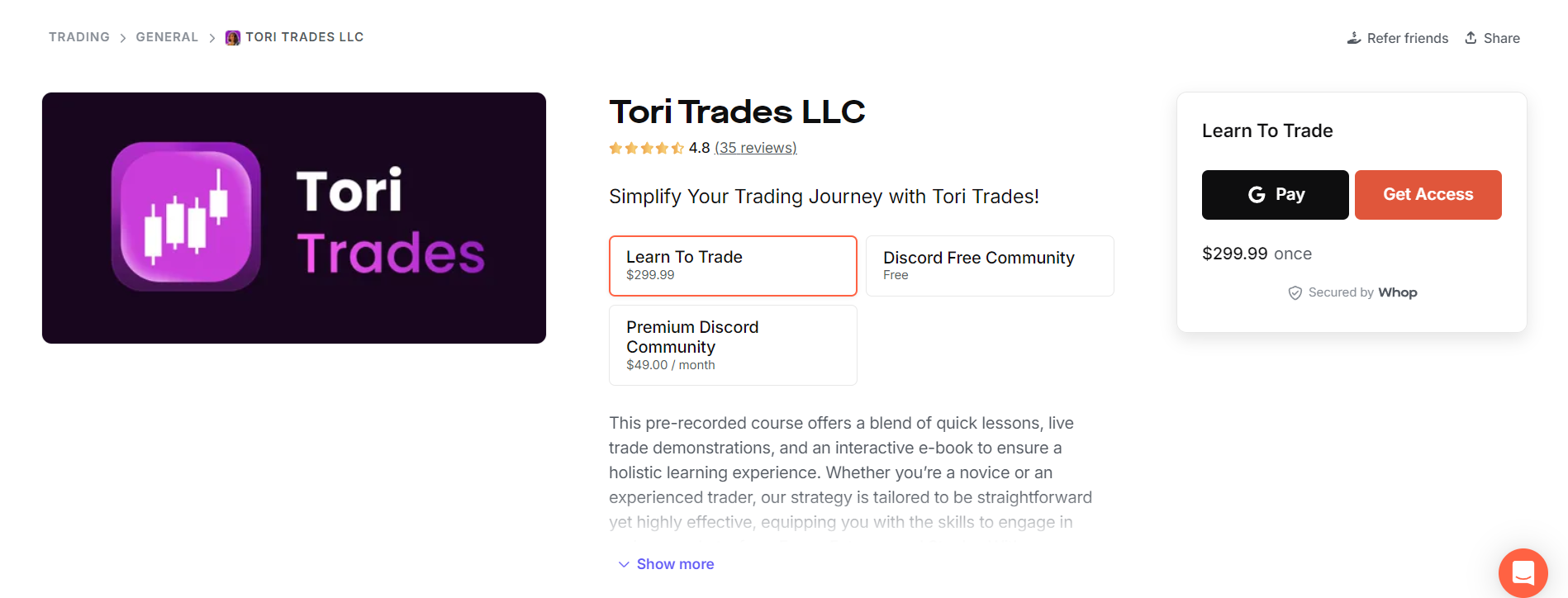 Tori Trades LLC's page on Whop