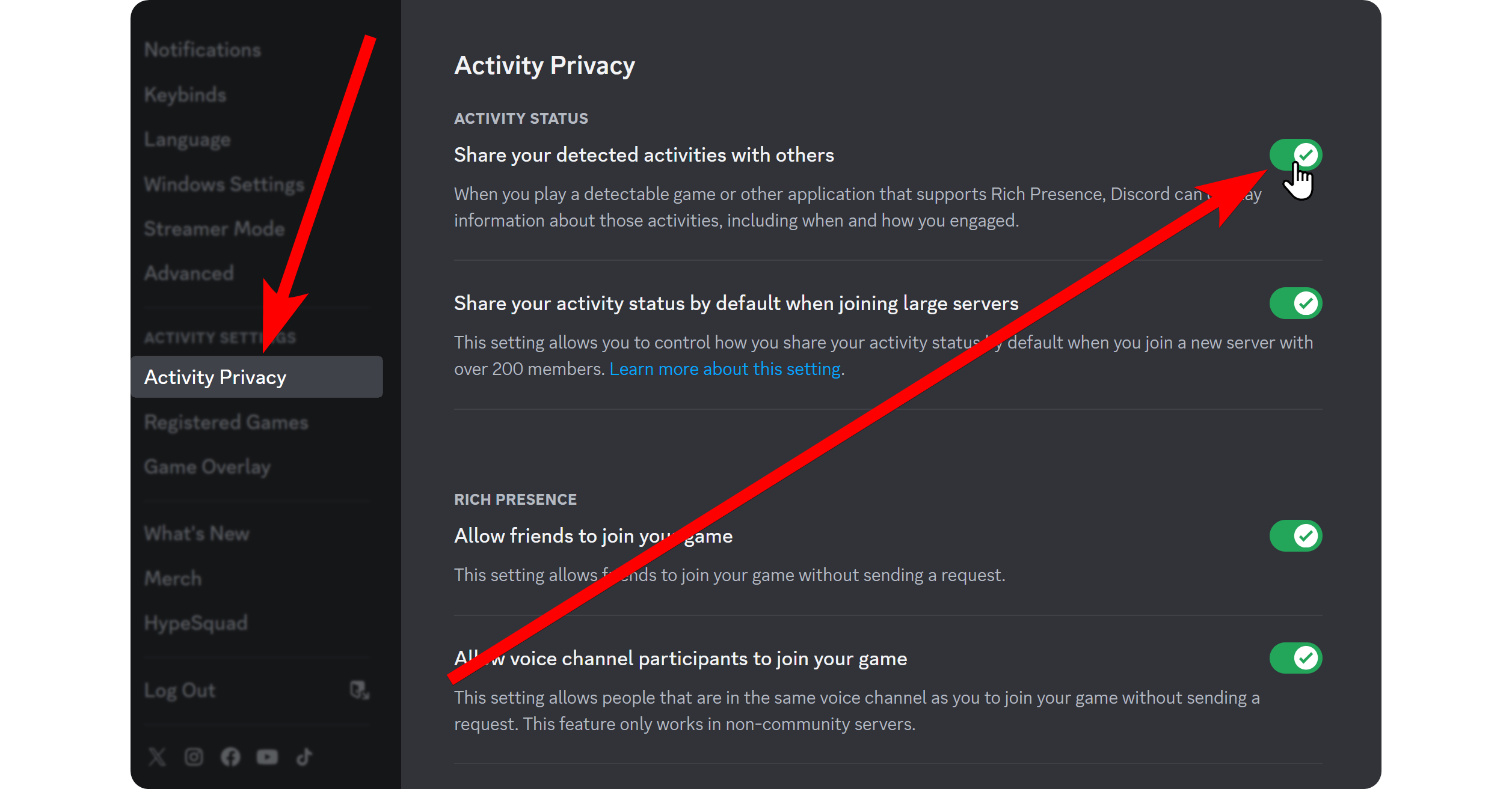 Steps of disabling the activity sharing option on Discord