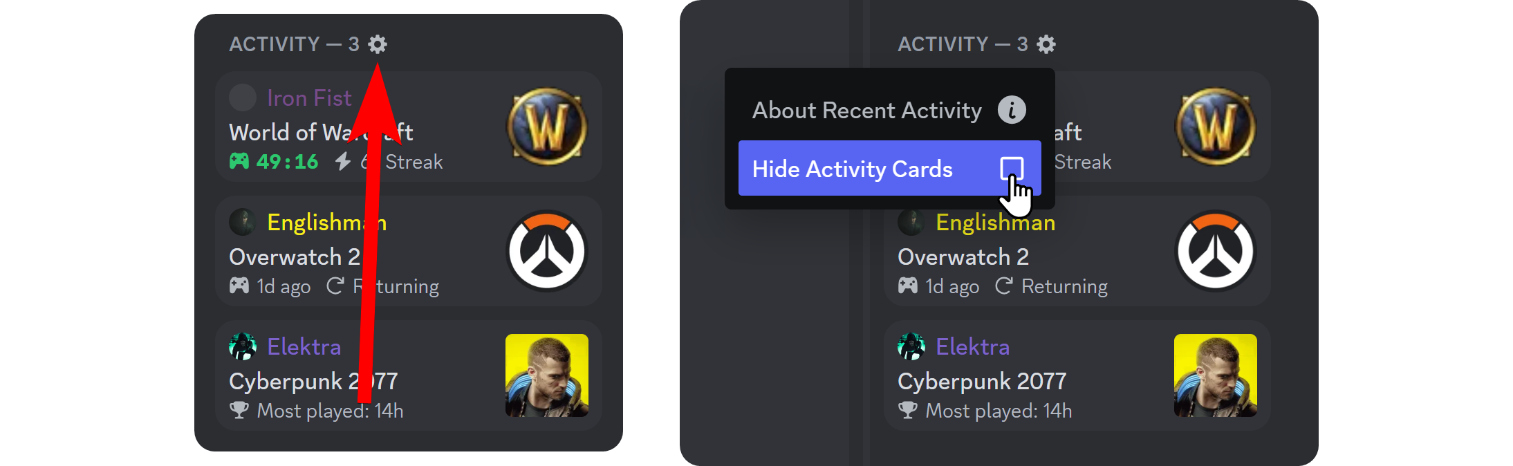 Steps of hiding the Activity Cards on Discord