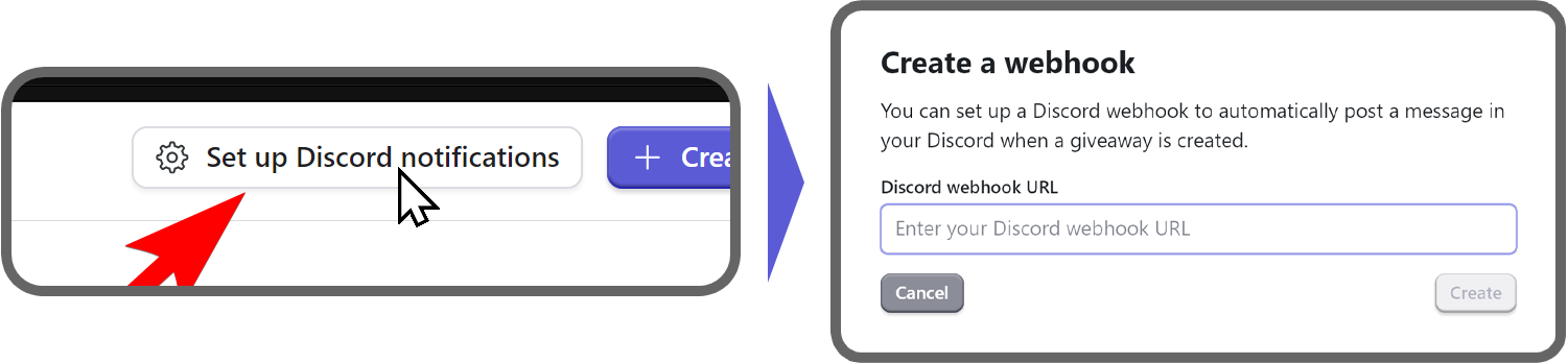 The steps of connecting a Discord webhook to the Giveaways app on Whop