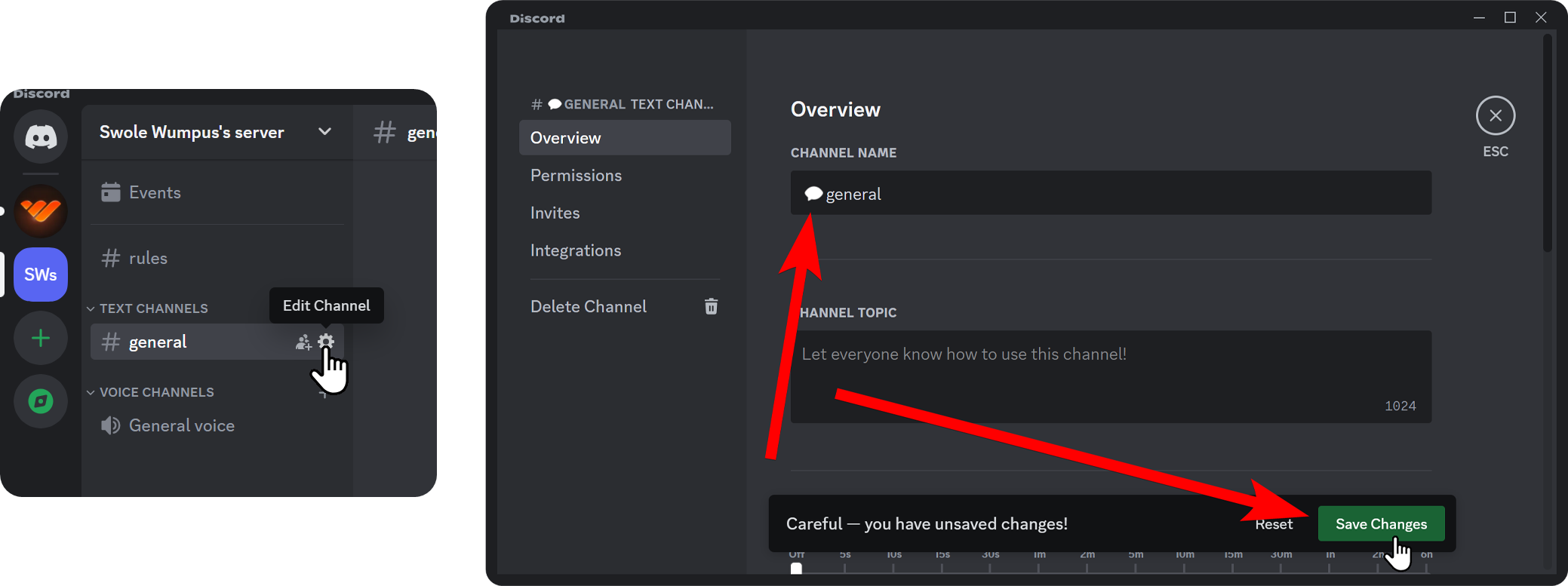 Steps of editing the name of a Discord channel on desktop