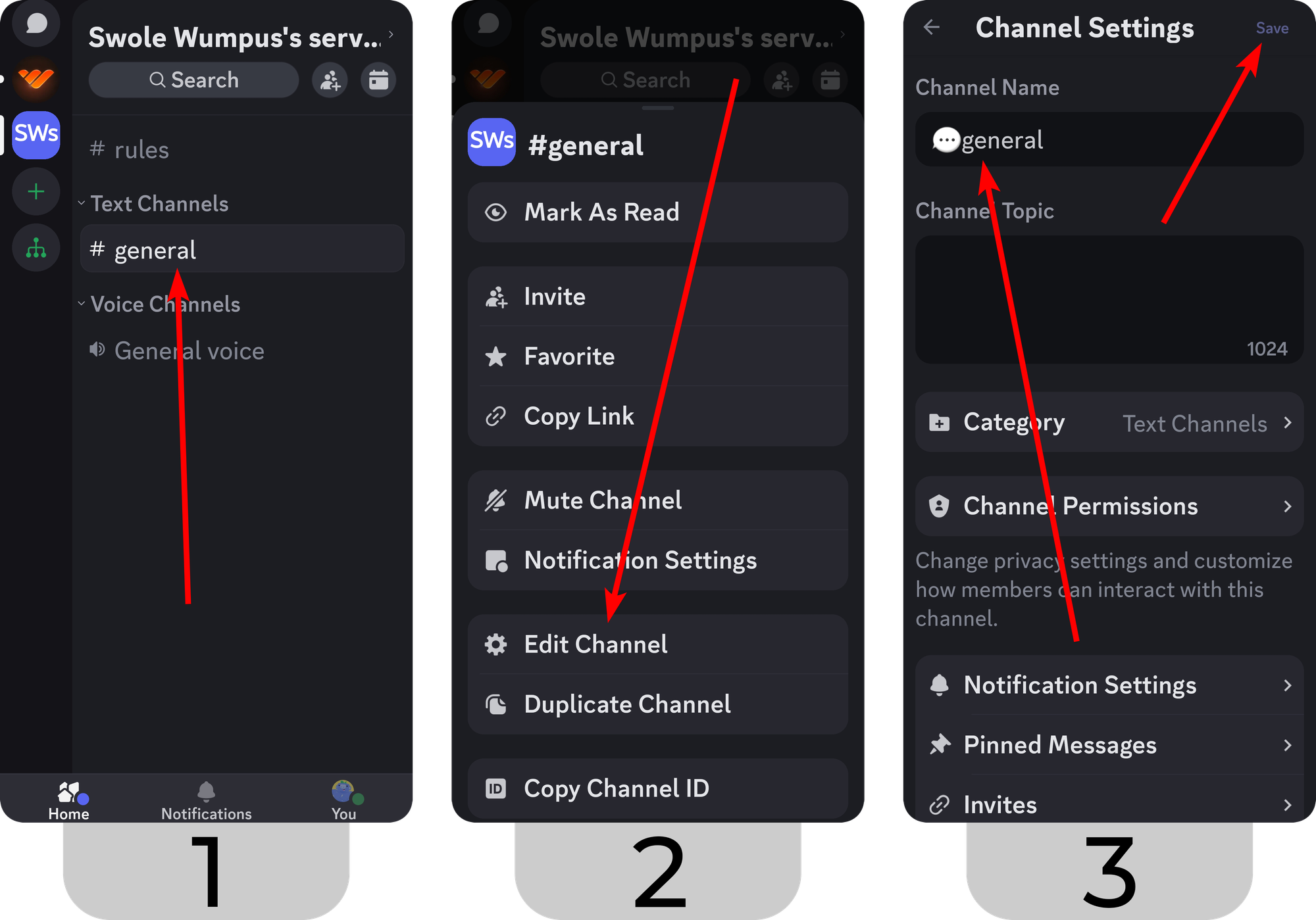 Steps of editing the name of a Discord channel on mobile