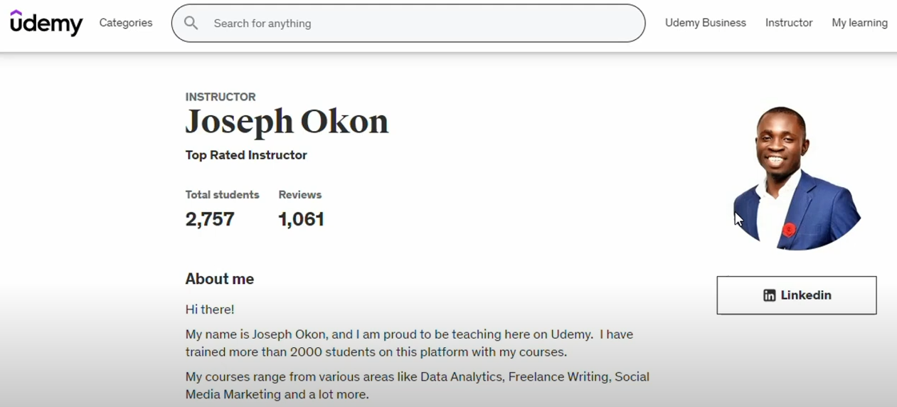 A screenshot of Joseph Okon's Udemy instructor page