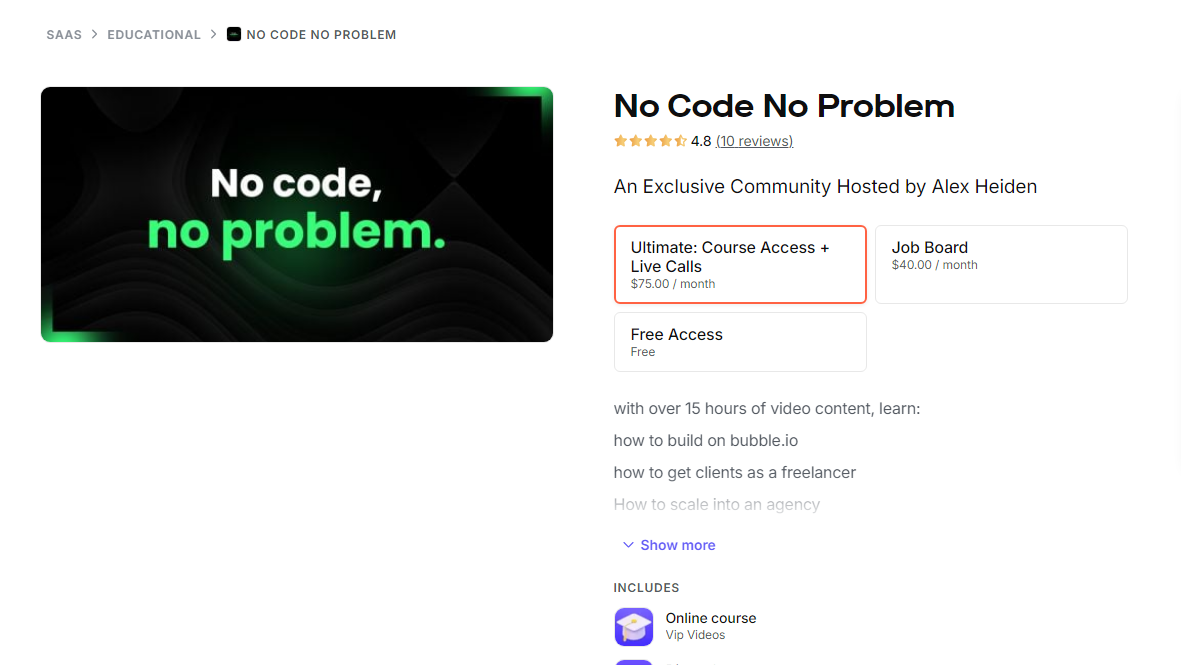 No Code, No Problem's Whop page