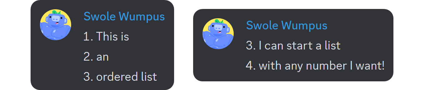 Examples of regular and jumpstarted numbered lists on Discord