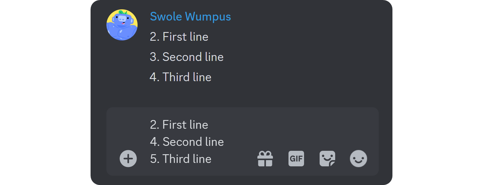 Example of how you can't jump between numbers in numbered lists on Discord