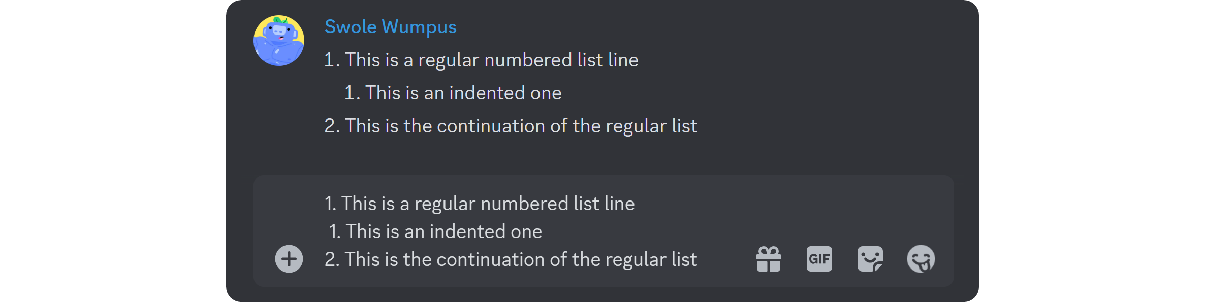 Indented numbered list formatting on Discord