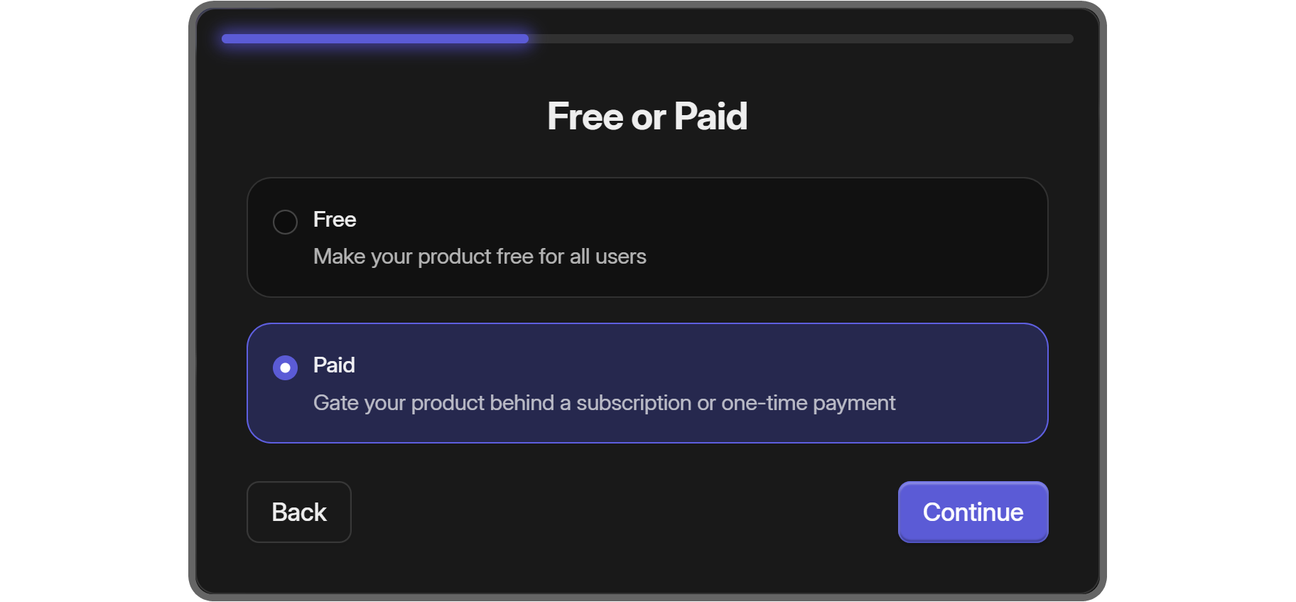 The Free and Paid options in the product creation process on Whop