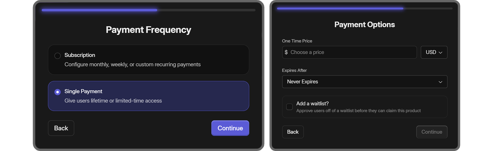 The single payment option and its settings in the product creation process on Whop