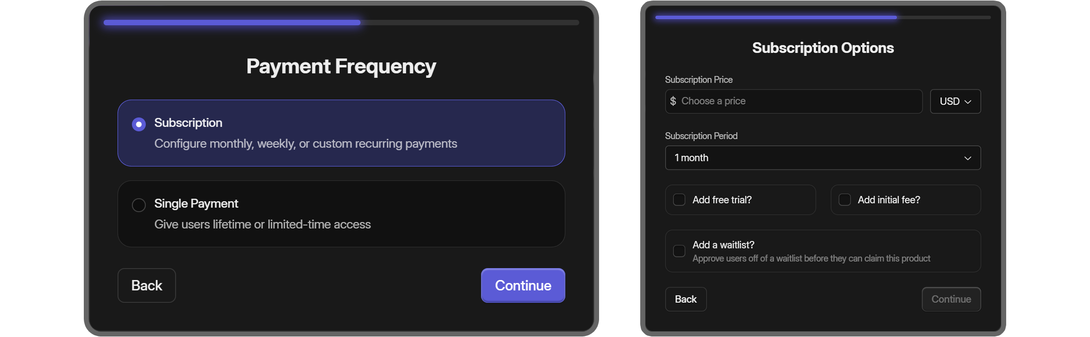 The subscription option and its settings in the product creation process on Whop