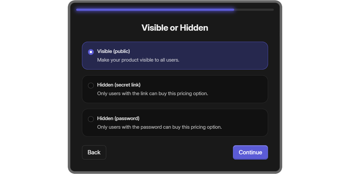 The Visible or Hidden step of creating a paid product