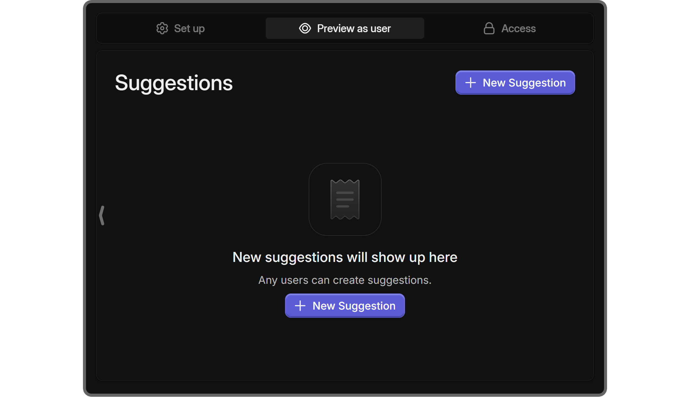 The Preview as user section of the Suggestions app on Whop