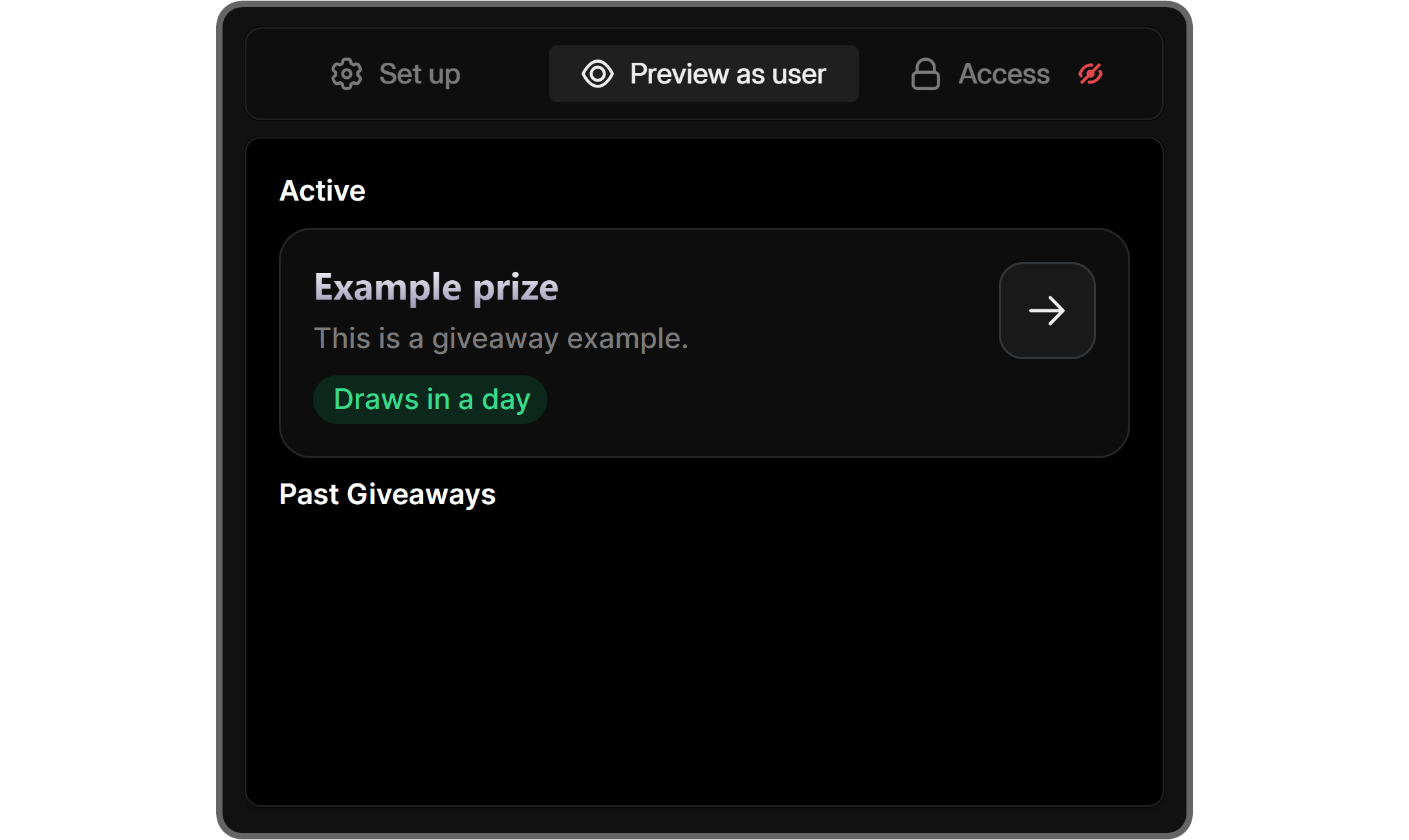 The Preview as user section of the Giveaways app on Whop