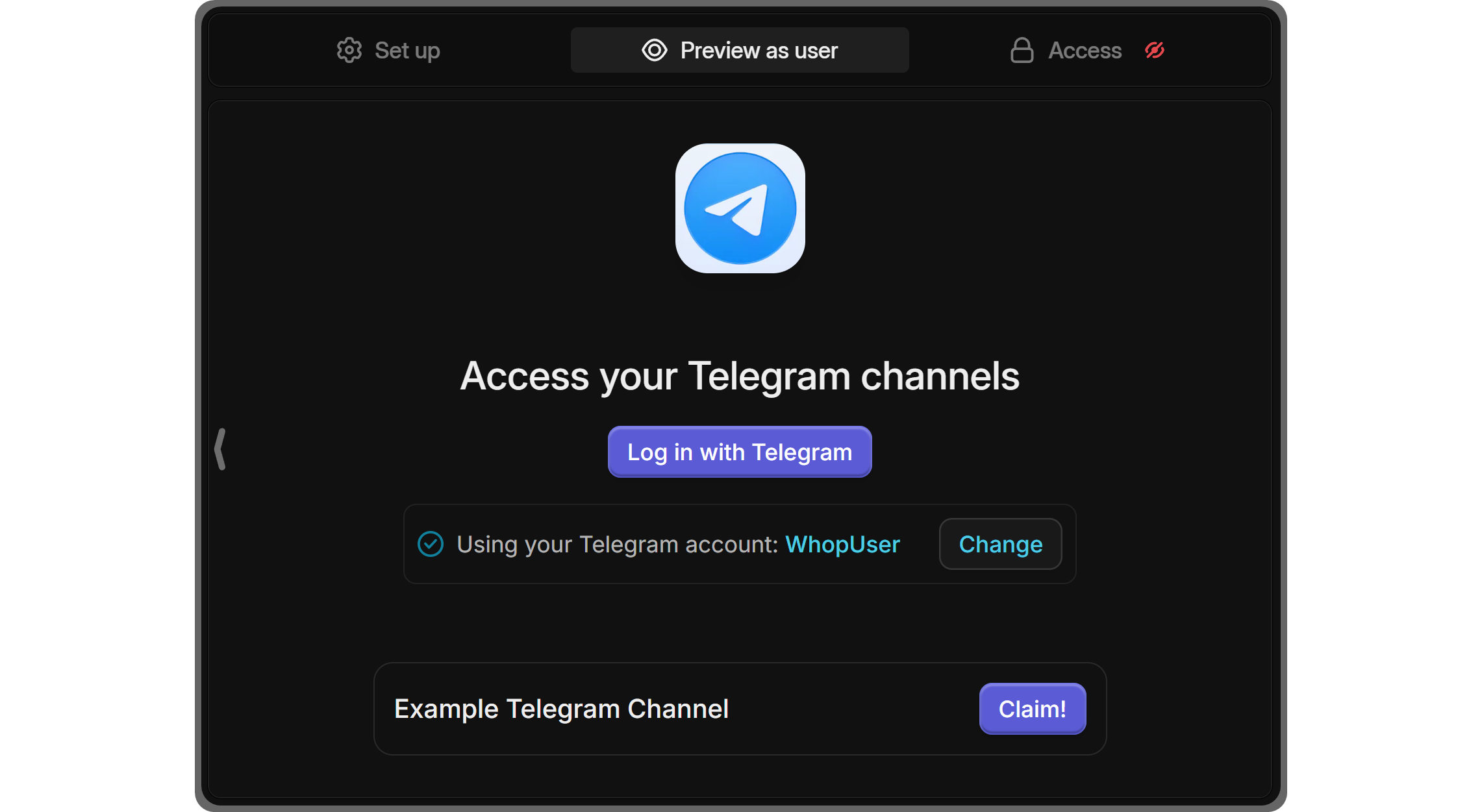 The Preview as user section of the Telegram app on Whop