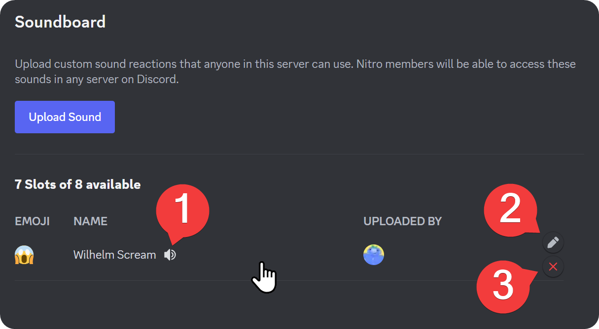 The preview, modify, and remove buttons on the Soundboard settings section of Discord