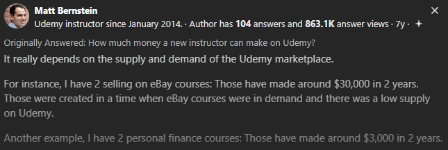 Quora answer explaining supply and demand on Udemy