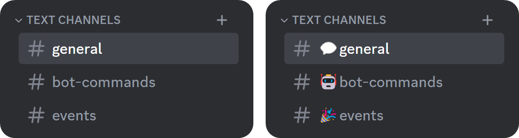 Comparison of plain channel names and emoji decorated channel names on Discord