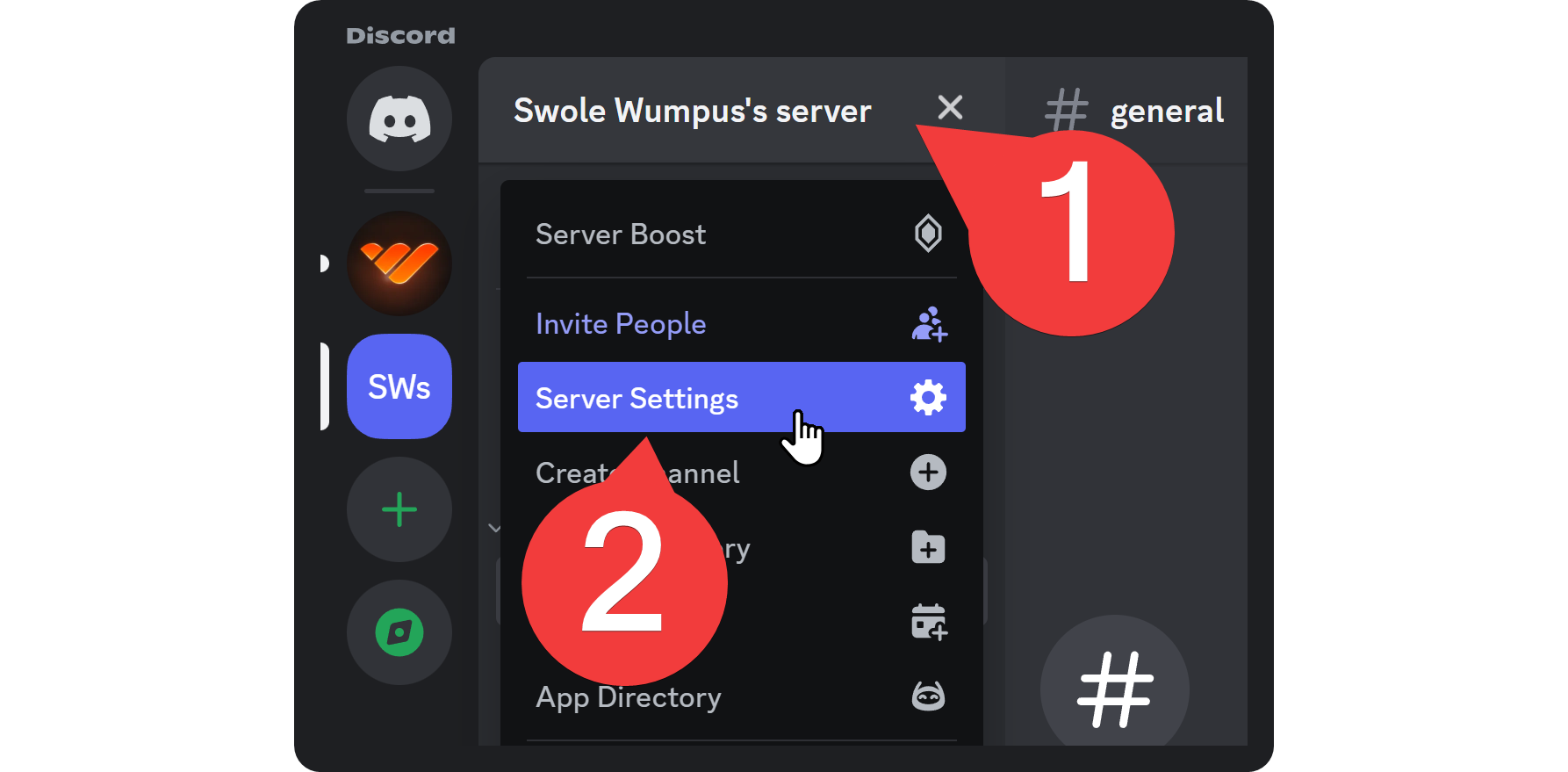 Steps of navigating to the settings of a Discord server