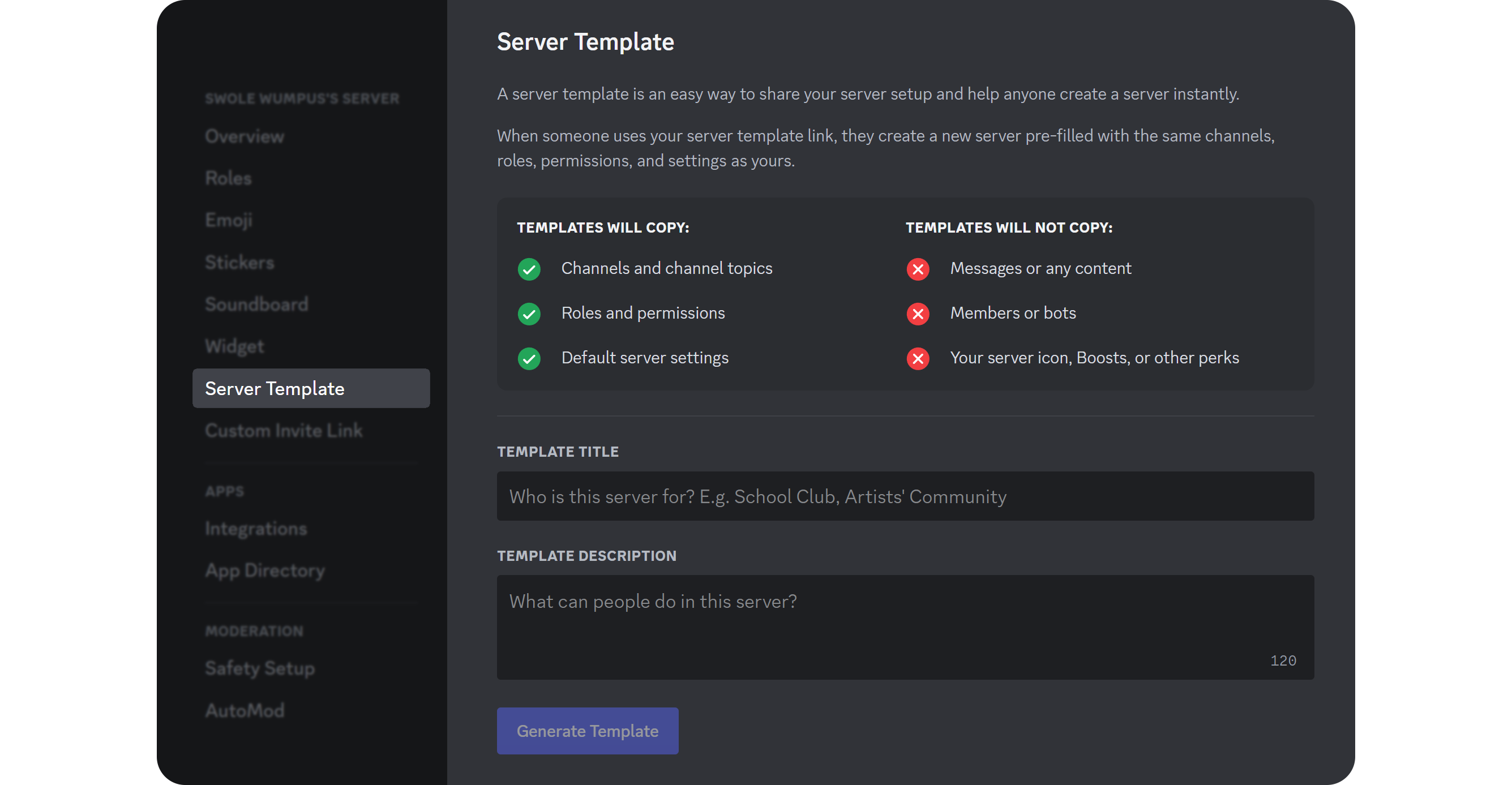 The Server Template section of the settings of a Discord server